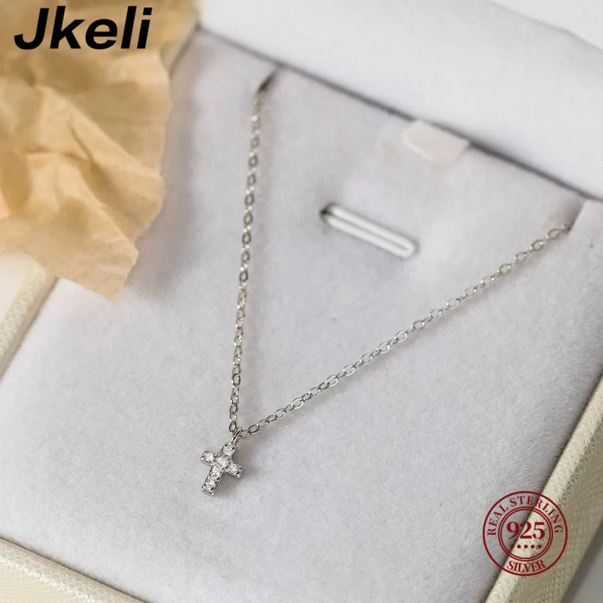Jkeli 925 Sterling Silver Simple Pavé Crystal Cross Pendant Necklace Women Classic Temperament Wedding Party Jewelry  Gift