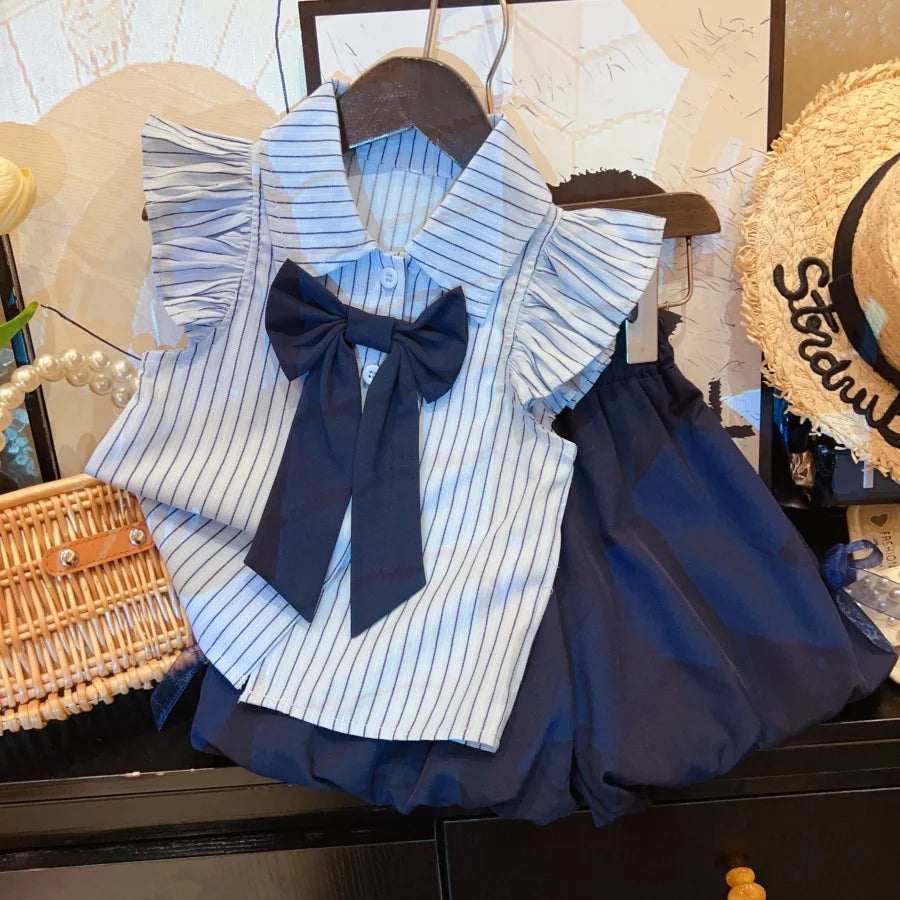 New Girls Clothes Set College Style Shirt Tops+Shorts Fashion Baby Girl Clothes Summer 2025 Suits 2-9Yrs