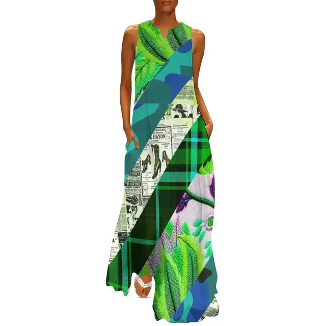 Newspaper Collage Print Dress Women Elegant Maxi Dress Street Style Casual Sleeveless Long Dress Summer V-Neck Pattern Vestidos