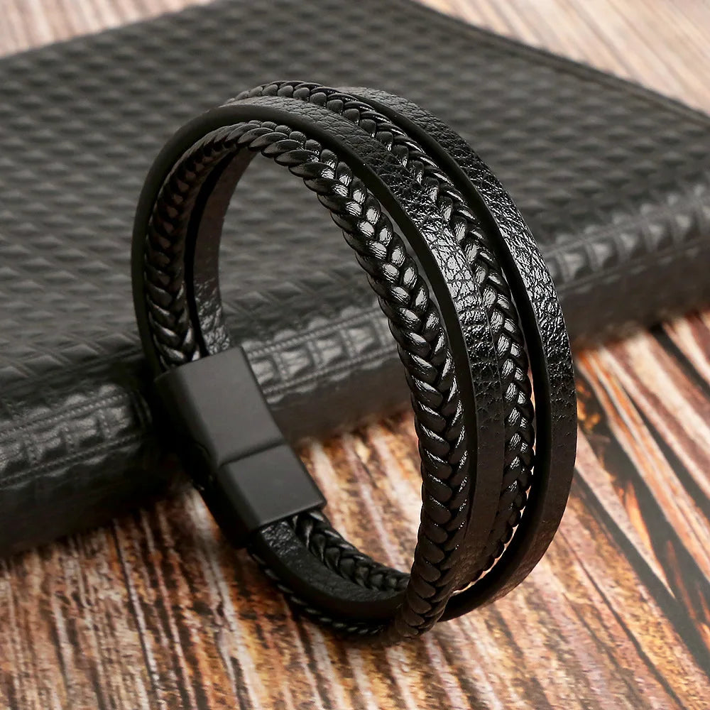 Classic 4-Layer Tiger Eye Stone Hand-Woven Leather Bracelets For Men Punk Fashion Alloy Magnetic Buckle Casual Bracelet Jewelry