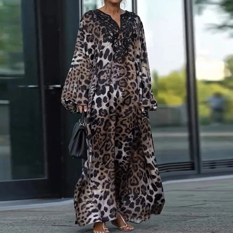 Leopard Patchwork Simple Fashion Party Dress, Women Spring Autumn Lantern Sleeve Maxi Dress, Elegant Print V Neck Ladies Dress