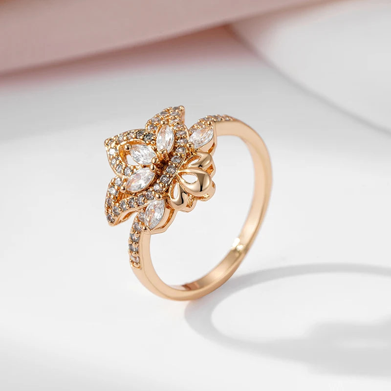 SYOUJYO Shiny Natural Zircon Ring For Women 585 Rose Gold Color Bride Wedding Fine Jewelry Flower Rings Gift