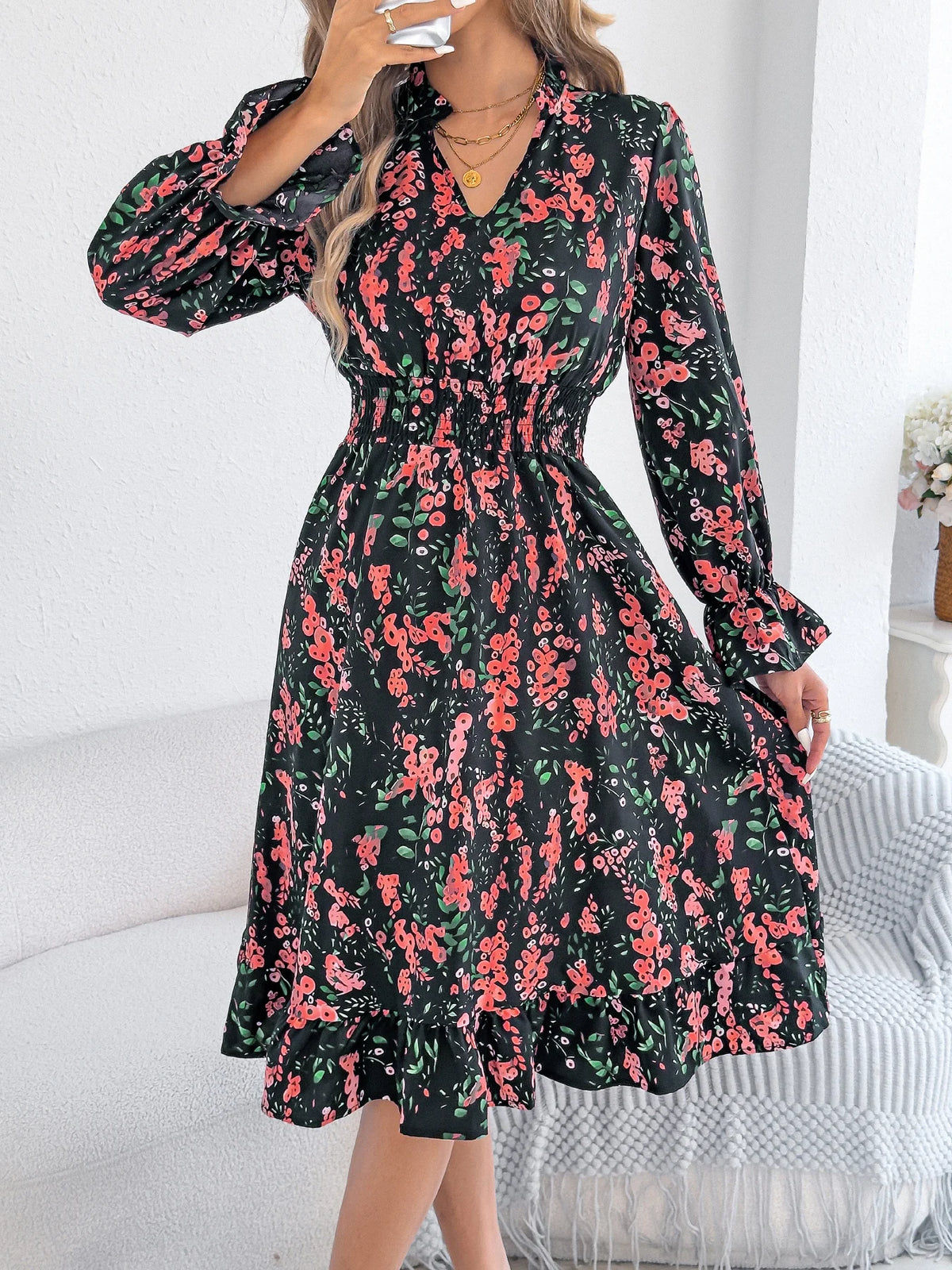Women's Long Sleeve Ruffled A-Line Dress