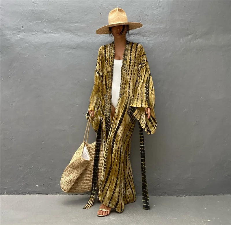 Long Kimono Swimsuit Cover up for Women Stylish Tie Dye Open Front Beach Outfits Bathing Suit