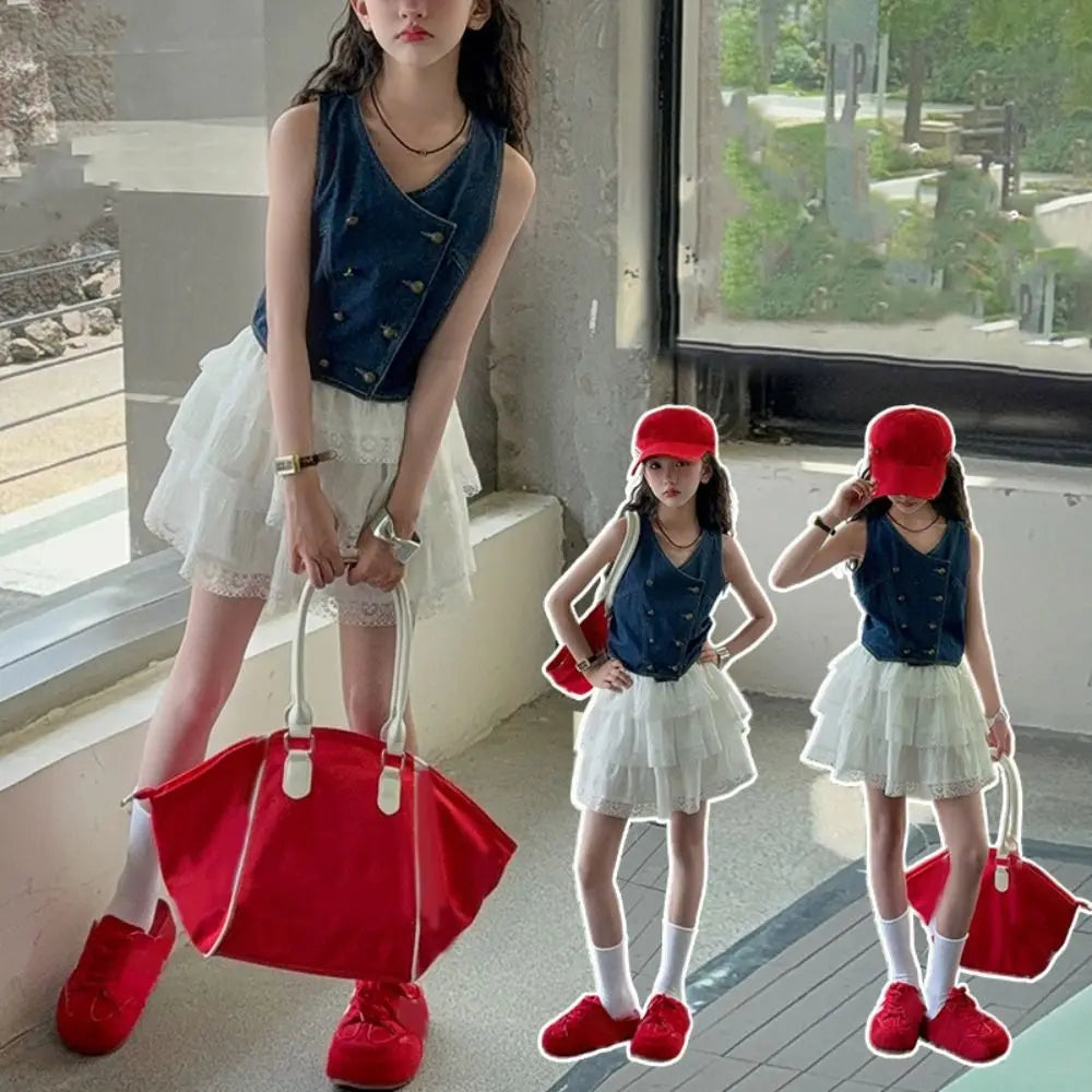 Fashion Cowboy Vest Girls Sweet Clothes Set Lace Children Vest Cake Skirt Set Clothing Loose Teens Two Pieces Suit Spring Summer