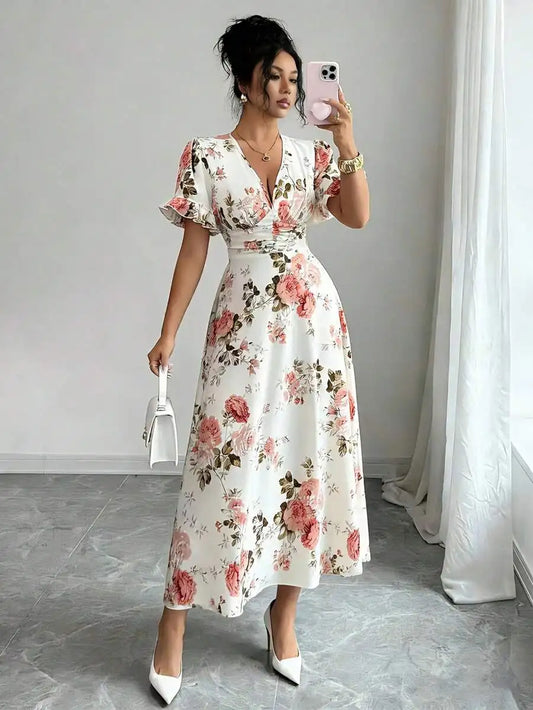 2026 New Women Summer Floral Print Mini Dress, Deep V Neck Ruched Short Sleeve Slim Flowy Dress For Casual Vacation Beach Date P