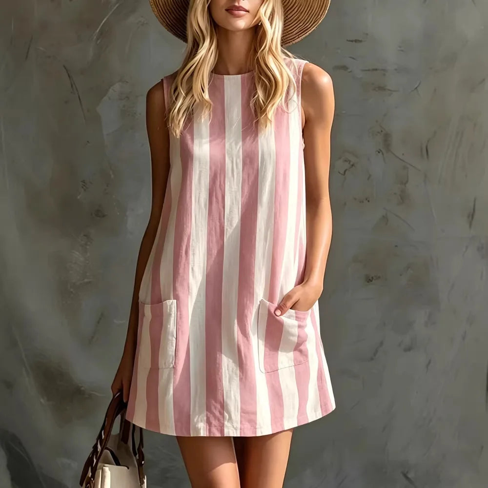 Women's Casual Dresses Woman Clothes Elegant Party Summer Dress Female Clothing Fashion Striped Sleeveless Round-neck Mini Dress