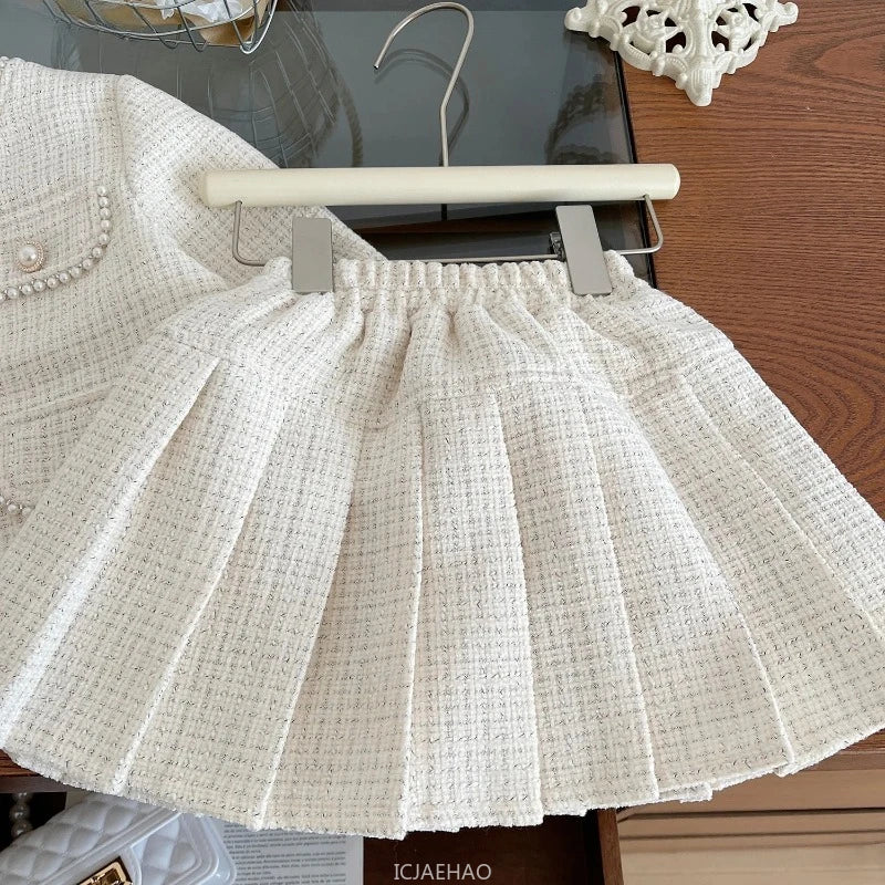 Teen Girl Clothes 2025 Tweed Two Piece Skirt Sets Luxury Designer Outfit Coat Suit Costume Kids Clothing Children Beige Boutique