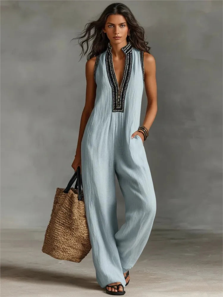 Women's New Sleeveless Jumpsuits Summer Fashion Stand Collar Loose Pocket Wide Leg Pants Jumpsuit Women's Holiday Party Jumpsuit