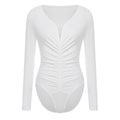 Womens Versatile Bodysuit  Bodywear Undershirt Deep V Neck with Lace Trim Front Middle Ruched Buttoned Crotch Leotard Jumpsuit