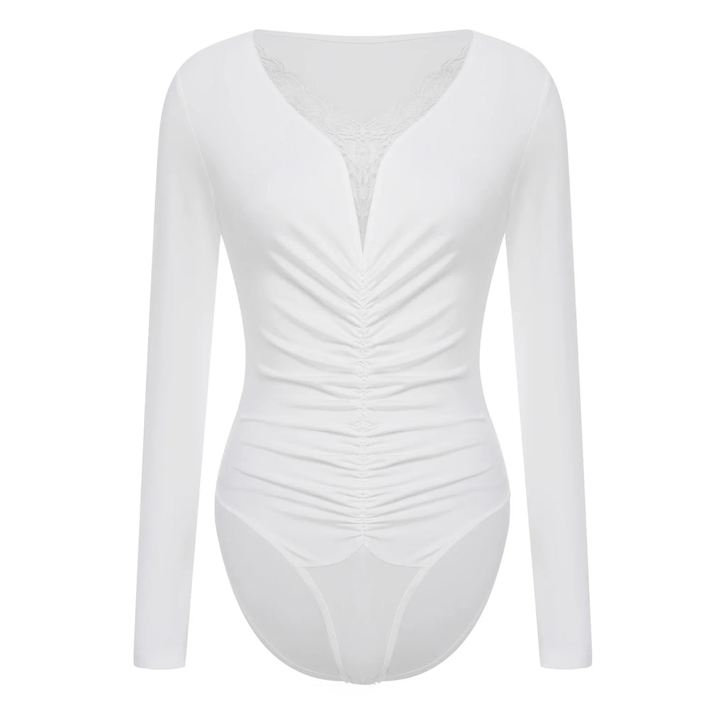 Womens Versatile Bodysuit  Bodywear Undershirt Deep V Neck with Lace Trim Front Middle Ruched Buttoned Crotch Leotard Jumpsuit