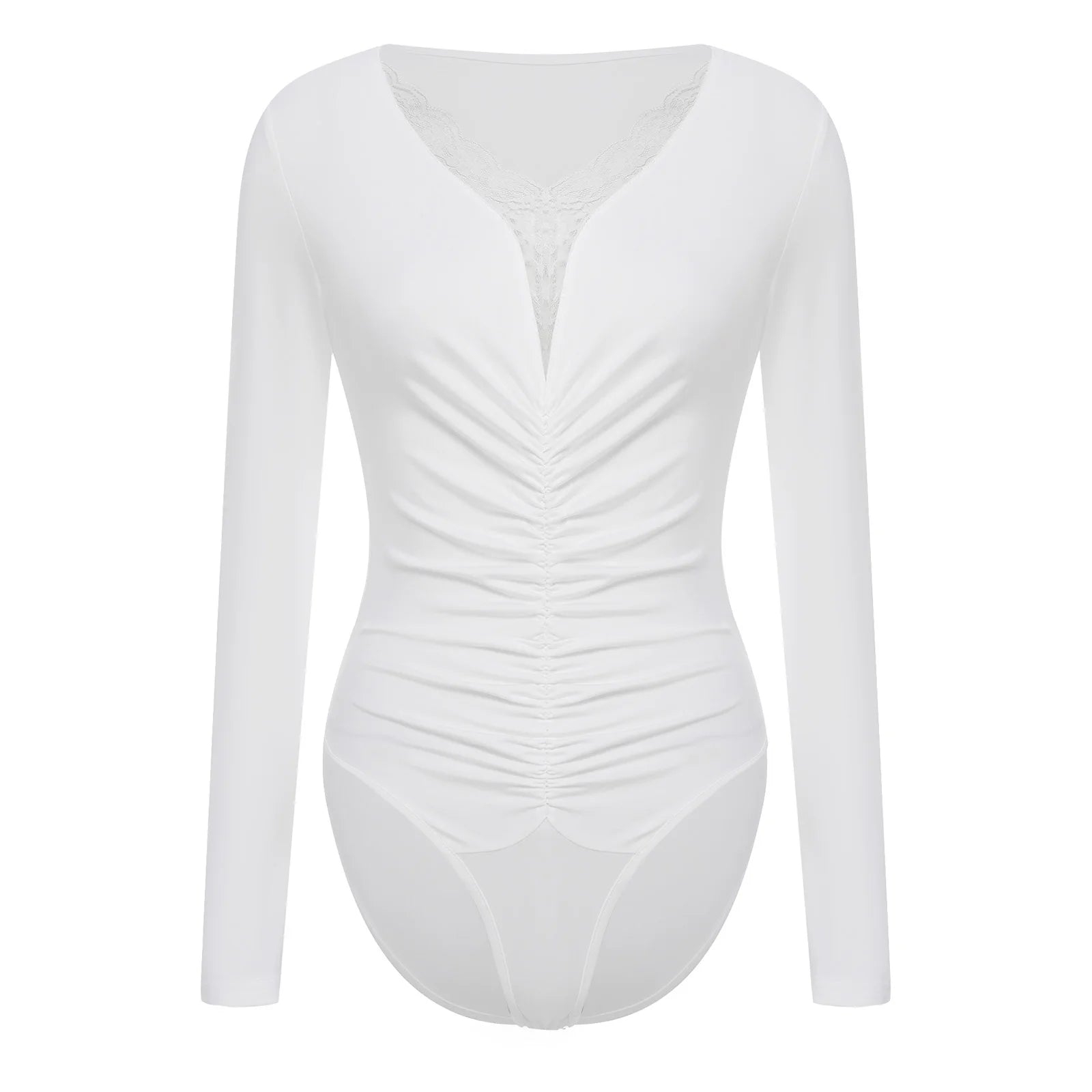 Womens Versatile Bodysuit  Bodywear Undershirt Deep V Neck with Lace Trim Front Middle Ruched Buttoned Crotch Leotard Jumpsuit