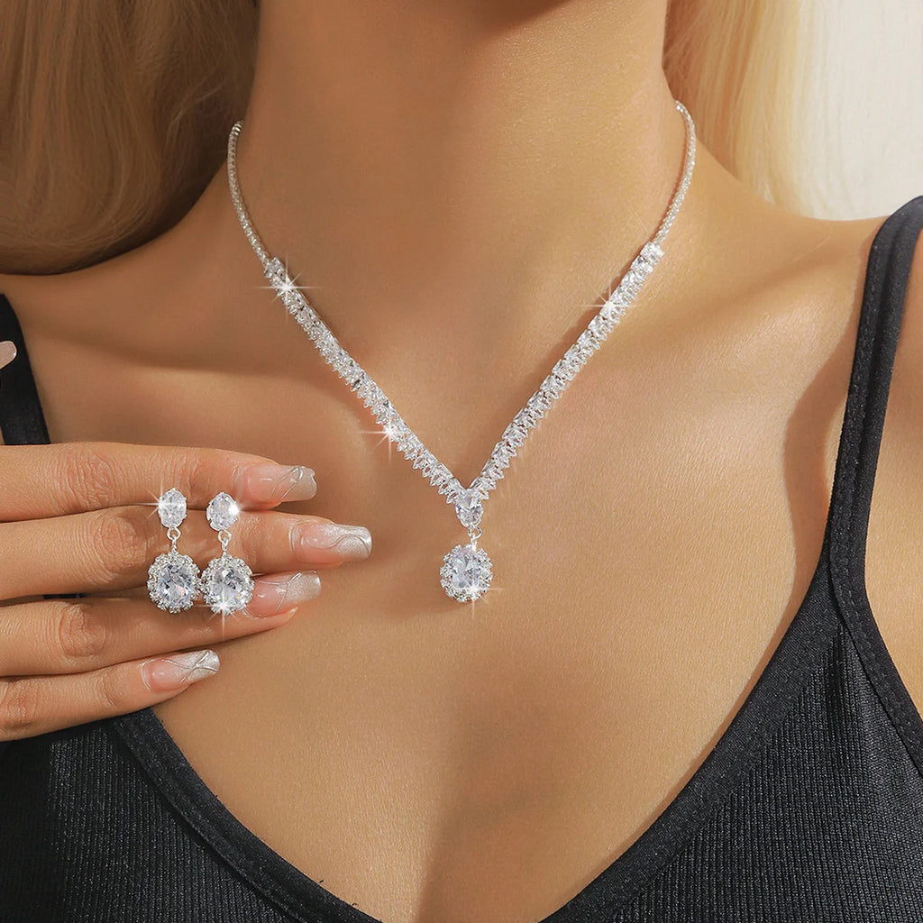 Zircon necklace and earrings set - luxurious style collar chain, high-end style neck accessory, women's jewelry