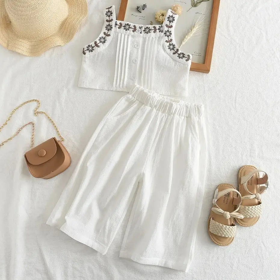 Baby Summer Clothes Children's Clothing Girl Fashion Sleeveless Embroidery Flower Tank Top+Straight Pants Toddler Casual Clothes