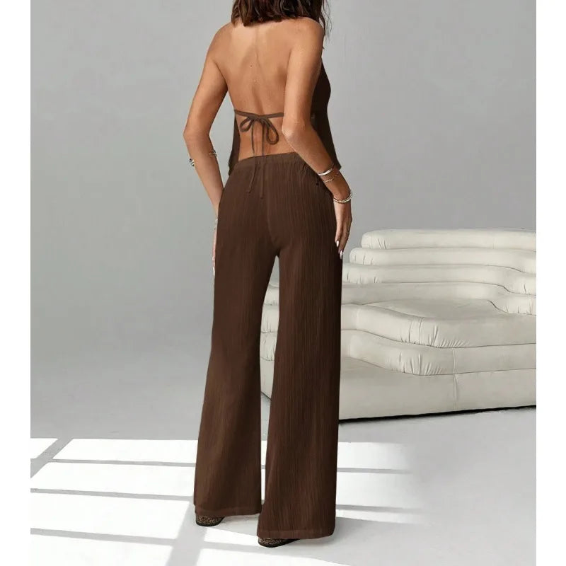 Women 2 Piece Outfits Halter Backless Tie Up Crop Top and Wide Leg Pants Casual Summer Vacation Two Piece Loungewear Tracksuit