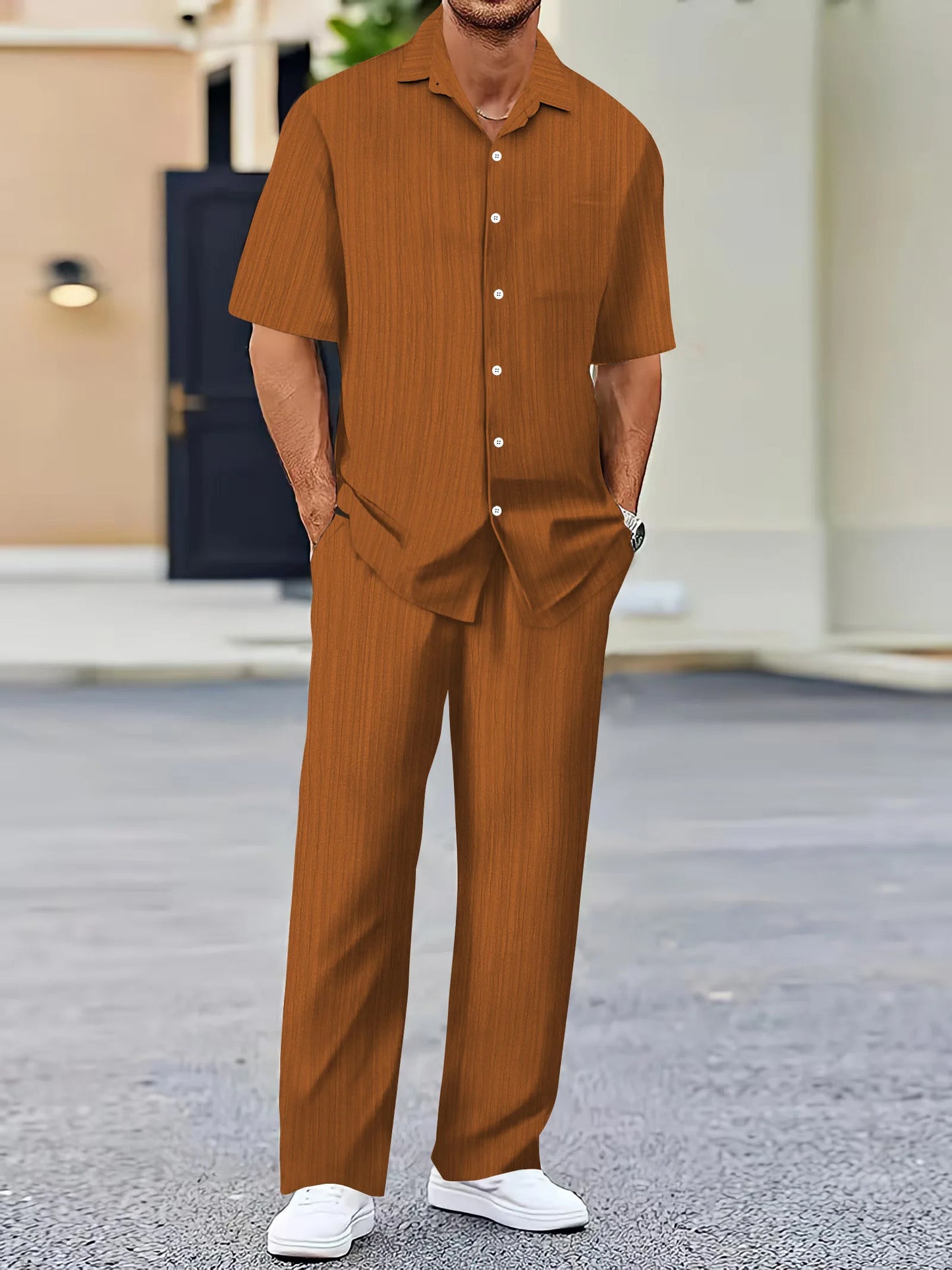 Men's casual suit, fashion comfortable linen solid color stand collar shirt street loose long sleeve two-piece