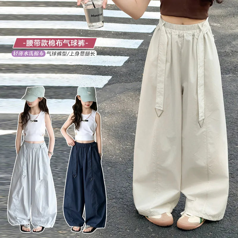 Teens Girls Soft Cotton Balloon Trousers Summer Childen Thin Loose Casual Breathable Mosquito Proof Kids Pants