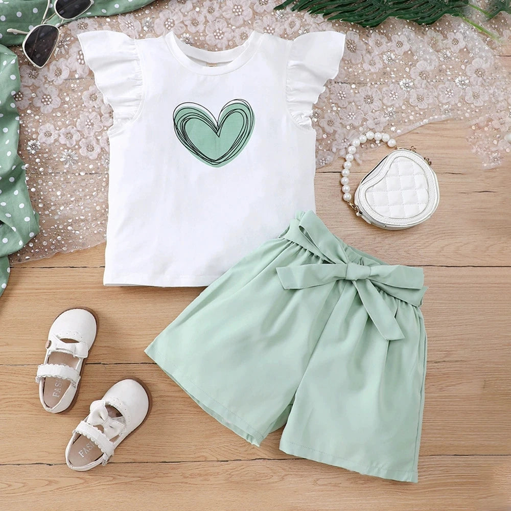 Summer Kids Girls Clothes 2pcs Set Children White T-Shirt with Green Shorts Summer Teen Girls Outfits For 8 9 10 11 12 Years