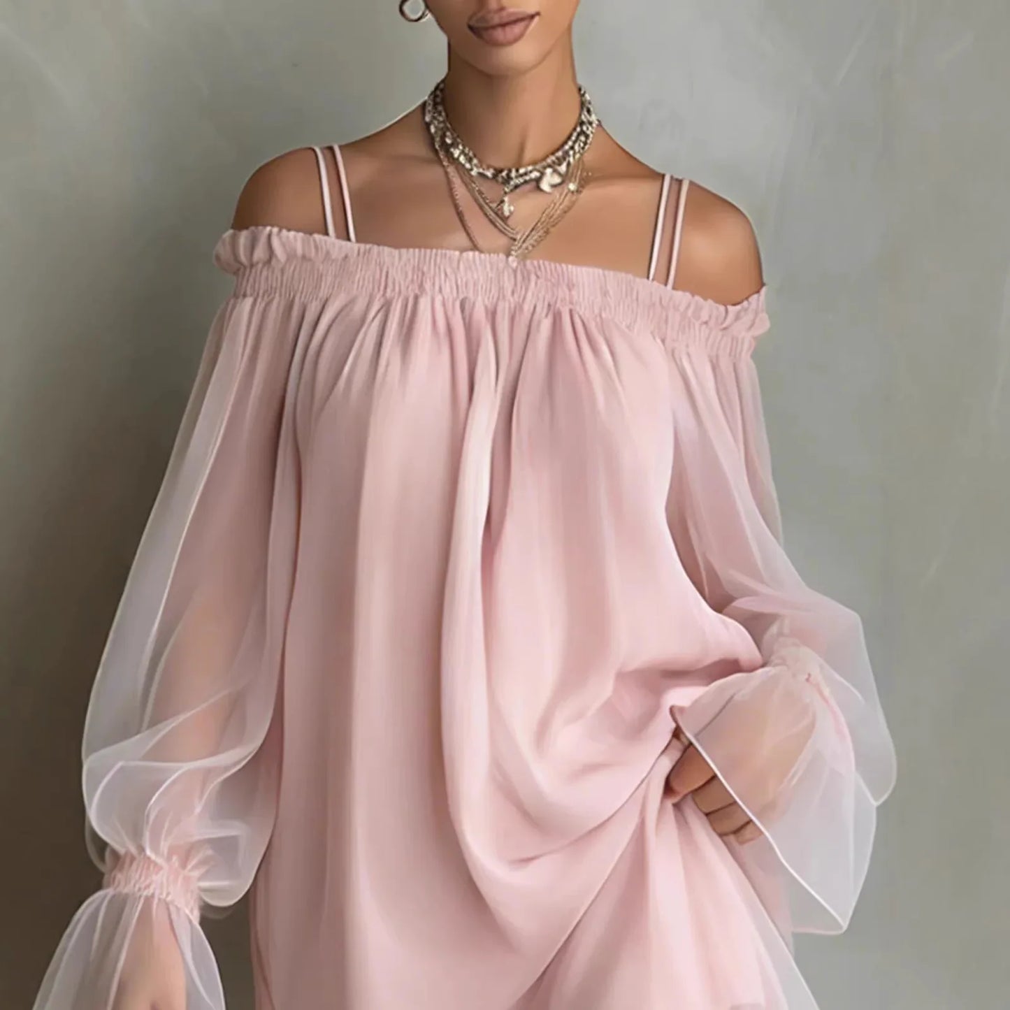 Double Strap Vestidos Off Shoulder Dress Sexy Sweet Vestido Fairy Mini Loose Dresses Summer New Sheer Mesh Long Sleeve Ropa Muje