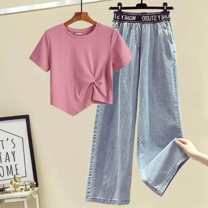 Large Women's 2022 Spring and Summer New Design Sense of Minority T-Shirt Top Thin Wide Leg Jeans Two-piece Suit Women