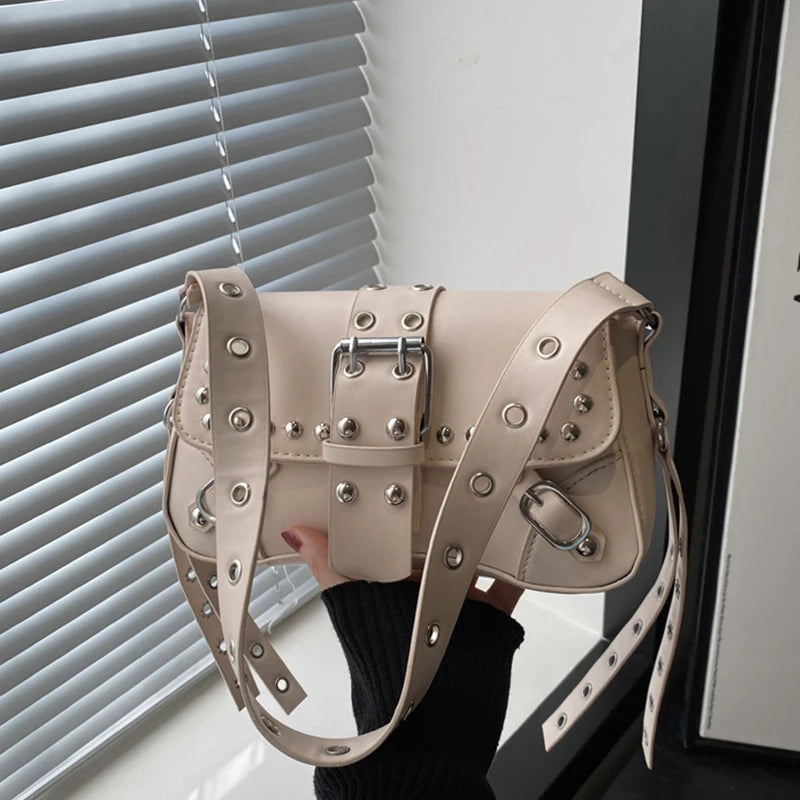 Shoulder Bag for Women Pink Underarm Bags PU Leather Crescent Bags with Rivet Small Y2k Purses Trendy Armpit Purse