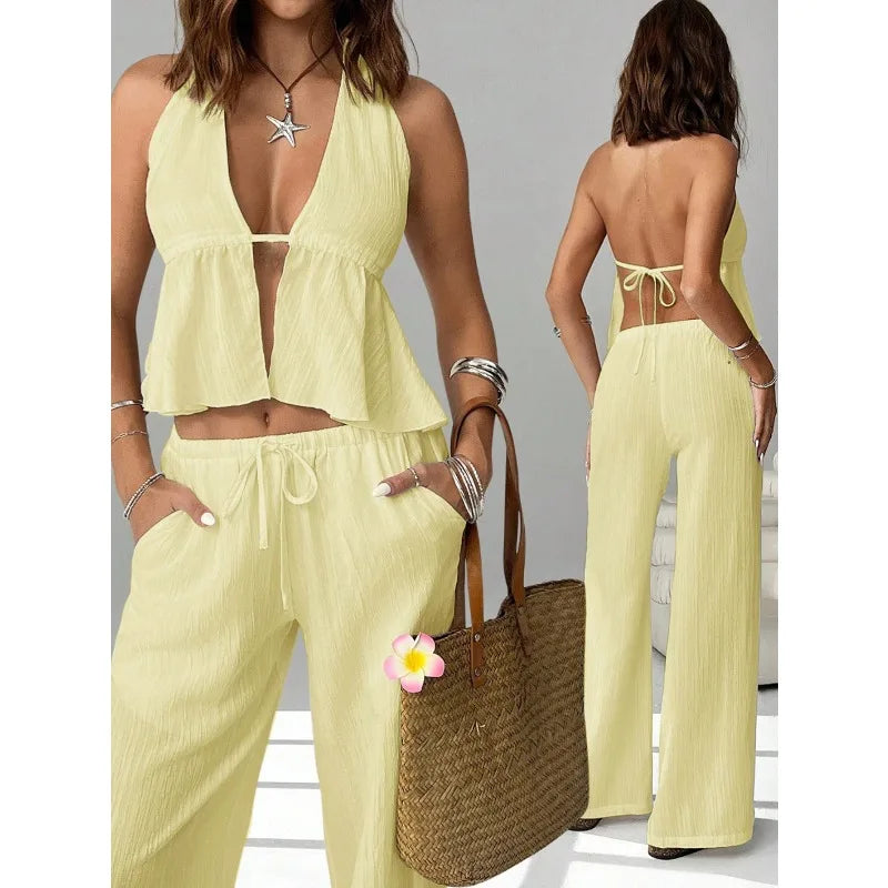 Women 2 Piece Outfits Halter Backless Tie Up Crop Top and Wide Leg Pants Casual Summer Vacation Two Piece Loungewear Tracksuit