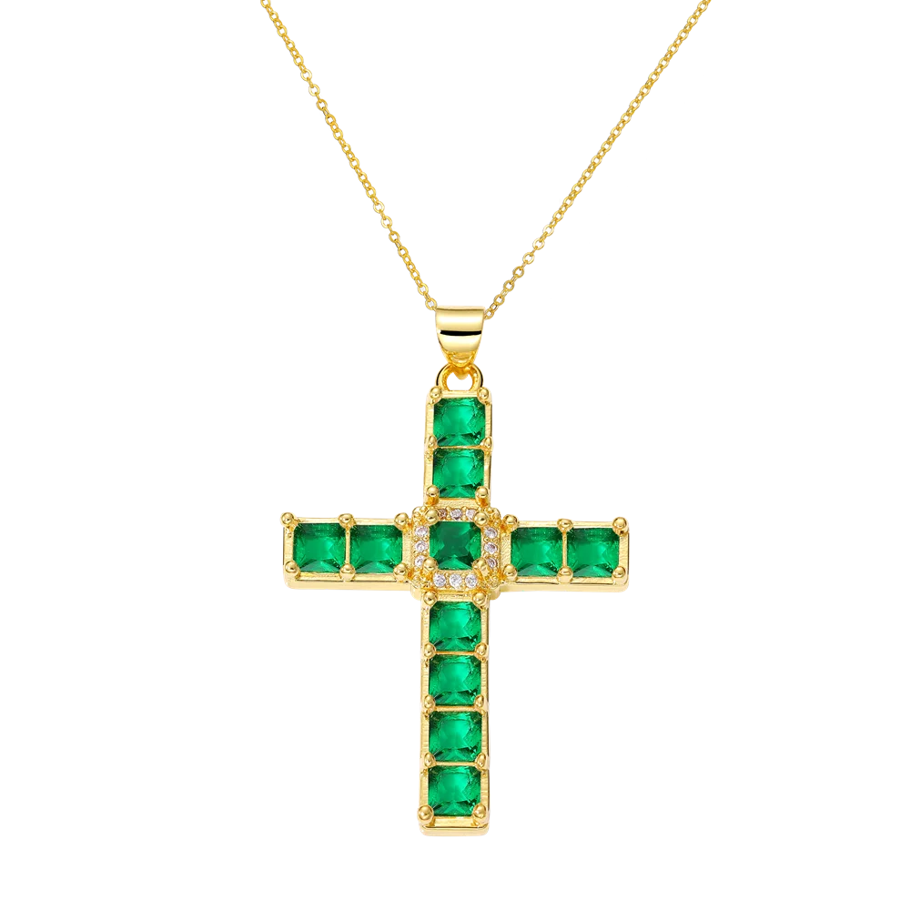 Juya 18K Real Gold Plated Handmade Decoration Cubic Zirconia Enamel Cross Pendant Necklace For Women Christian Jewelry Supplies