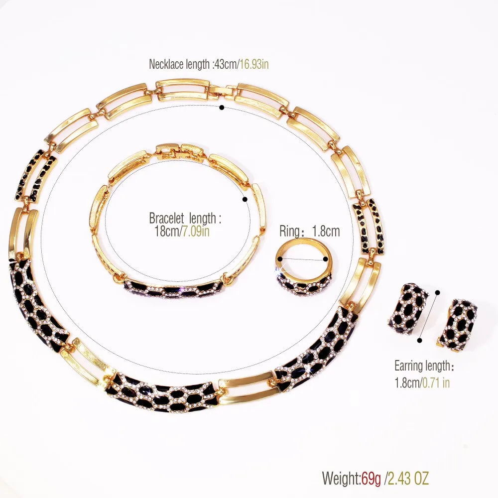 GZJPEI Elegant Women Jewelry Set Black Enamel Necklace Earrings Bracelet Ring With White Zircon For Bridal Wedding Gift