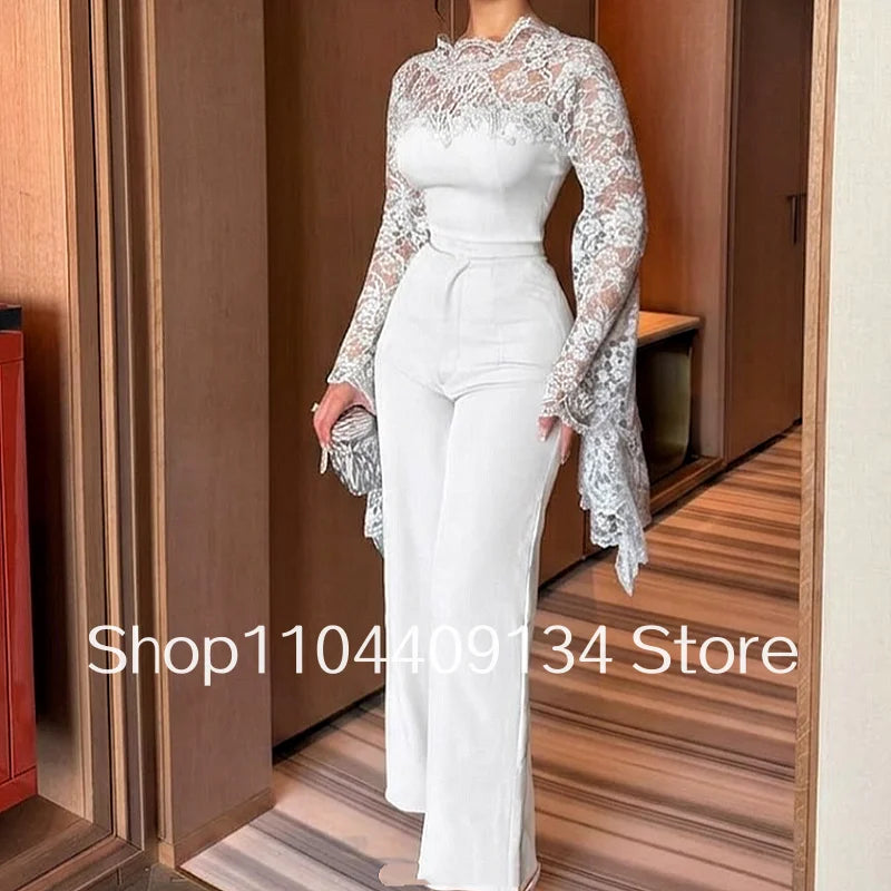 White Lace Trousers Formal Evening Gown Elegant Gowns Bell-Sleeves and Straight Trousers Arabic Prom Dress Customized vestido
