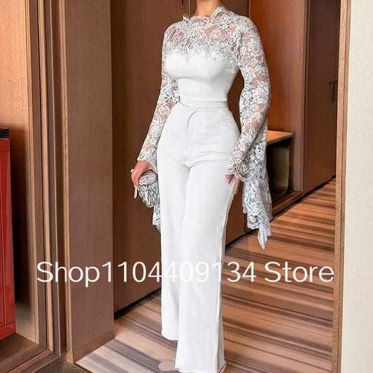White Lace Trousers Formal Evening Gown Elegant Gowns Bell-Sleeves and Straight Trousers Arabic Prom Dress Customized vestido