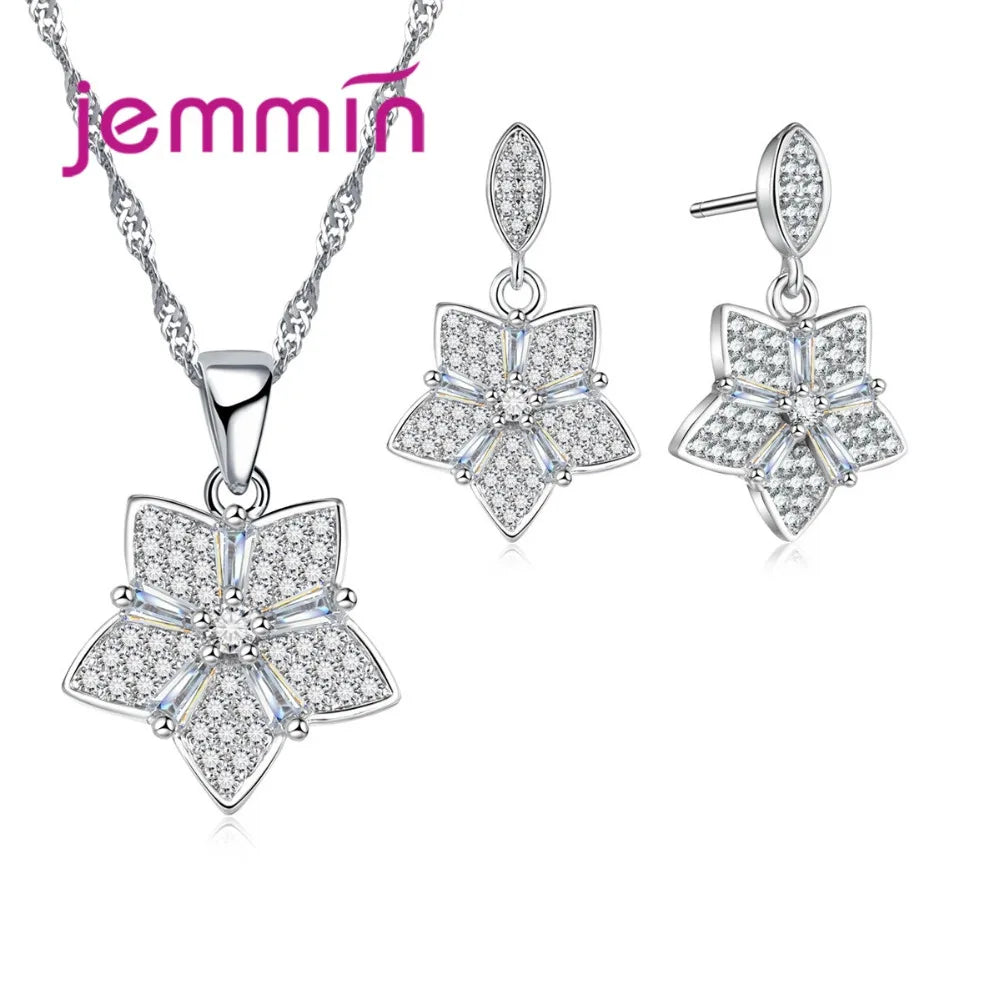 Elegant Genuine 925 Sterling Silver Shinning Crystal Flower Shape Wedding Jewelry Sets Earrings Necklace Sets Bridal Accessories
