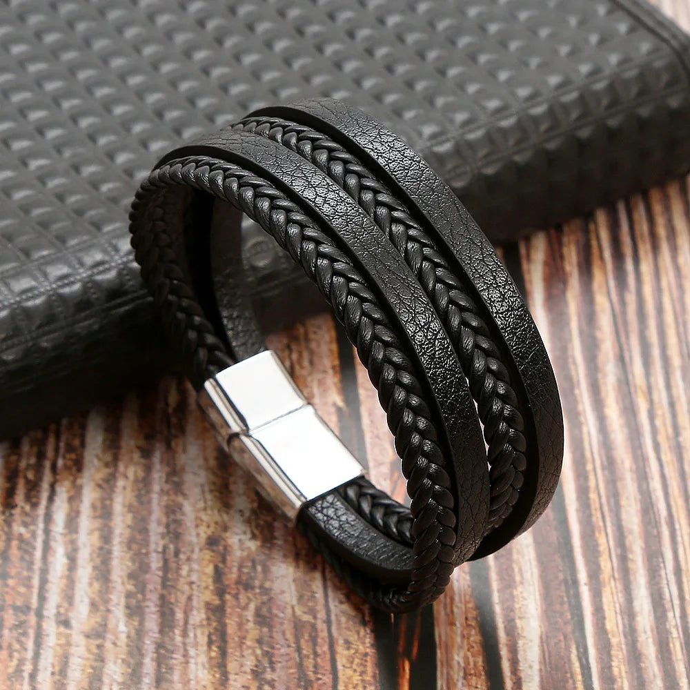 Classic 4-Layer Tiger Eye Stone Hand-Woven Leather Bracelets For Men Punk Fashion Alloy Magnetic Buckle Casual Bracelet Jewelry