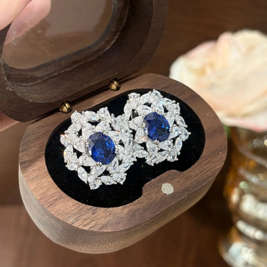 luxury quality jewelry sets brilliantly full diamonds blue earrings silver exquisite flower rings necklace wedding accessories