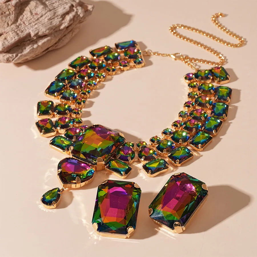 DREJEW Exaggerated Inlaid Rhinestone Heart Jewelry Set for Women Geometric Personality Earring European and American Necklace