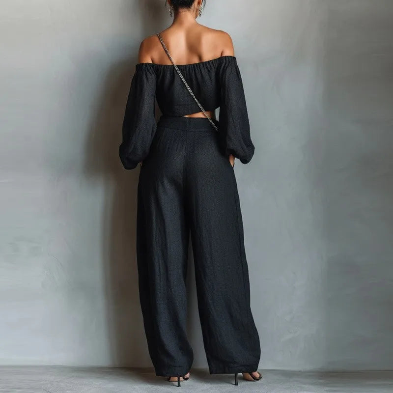 Women Outfit Off 2 Piece Shoulder Long Sleeve Top High Waisted Loose Wide Leg Pants Casual Pants Sets Fashion Commuting Outfits