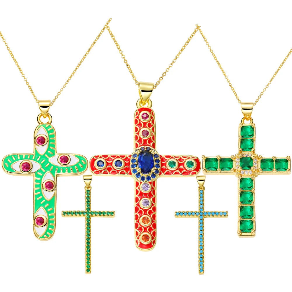 Juya 18K Real Gold Plated Handmade Decoration Cubic Zirconia Enamel Cross Pendant Necklace For Women Christian Jewelry Supplies