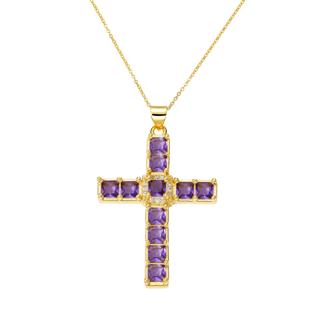 Juya 18K Real Gold Plated Handmade Decoration Cubic Zirconia Enamel Cross Pendant Necklace For Women Christian Jewelry Supplies