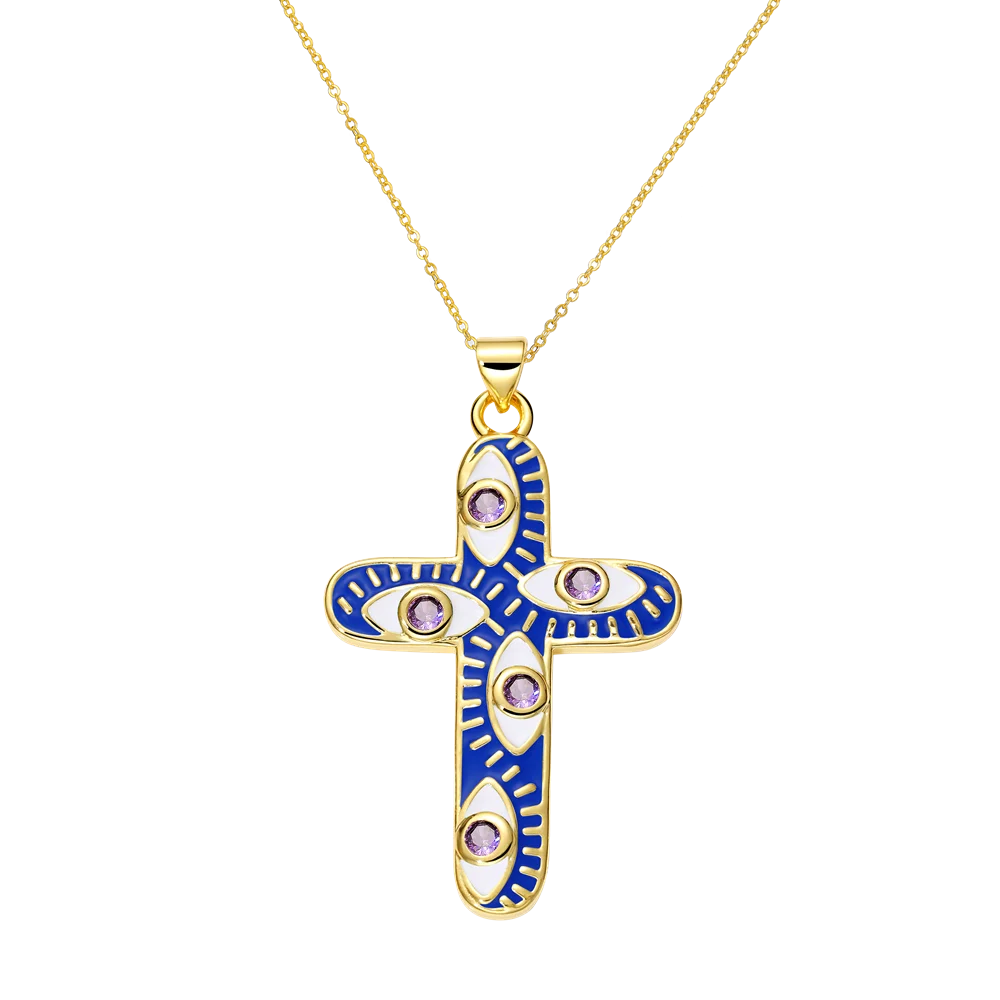 Juya 18K Real Gold Plated Handmade Decoration Cubic Zirconia Enamel Cross Pendant Necklace For Women Christian Jewelry Supplies