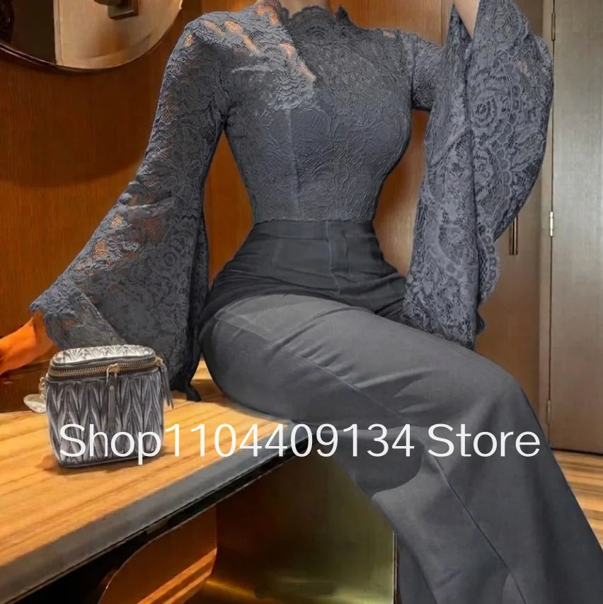 White Lace Trousers Formal Evening Gown Elegant Gowns Bell-Sleeves and Straight Trousers Arabic Prom Dress Customized vestido