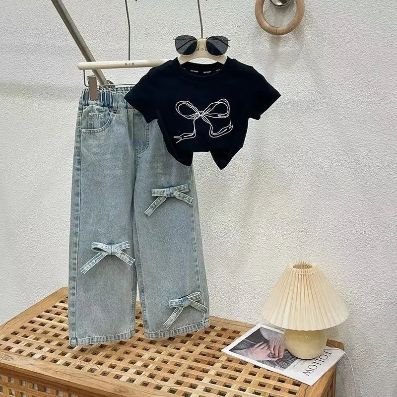 Girls Summer Thin Set Teenage Girls Wide Leg Jeans T-shirt 2-piece Summer Children's Clothing Set