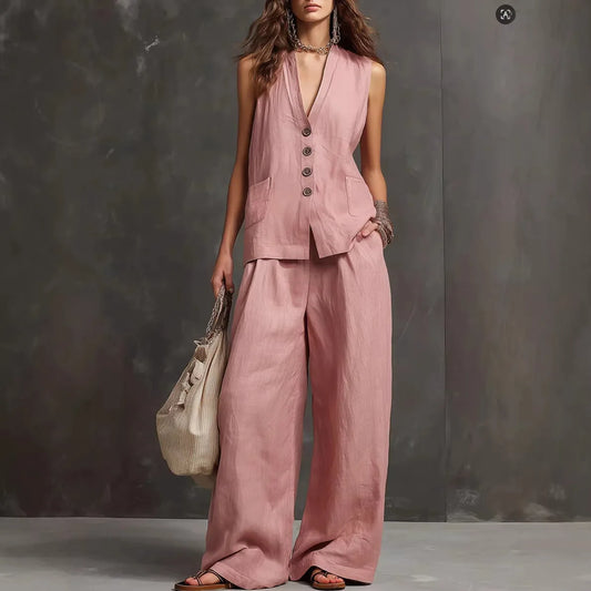 Outfits For Women 2 Piece Set Single-breasted Vest Pocket Solid Color Top Women Pocket Wide-leg Trousers Women's New Summer Suit