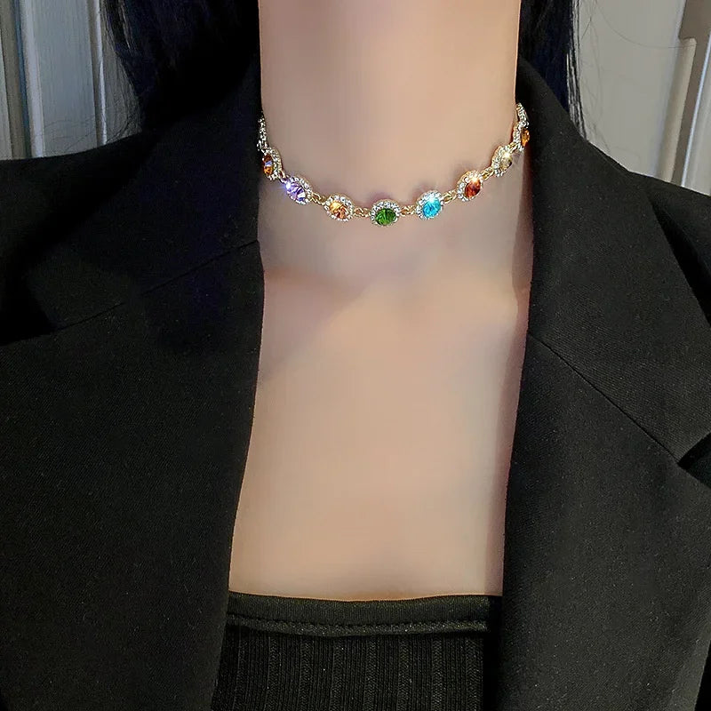 DREJEW Geometric Colorful Crystal Choker Necklaces for Women Clavicle Chain Necklaces Jewelry Bijoux for Party Gift Accessories