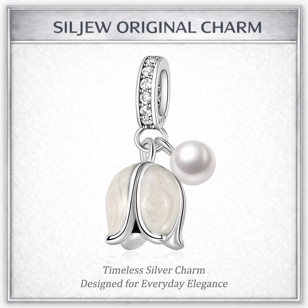 SilJew Original Silver Plated White Lily of the Valley with Pearl Dangle Charm Fit Bracelets & Necklaces Women Jewelry DIY Beads