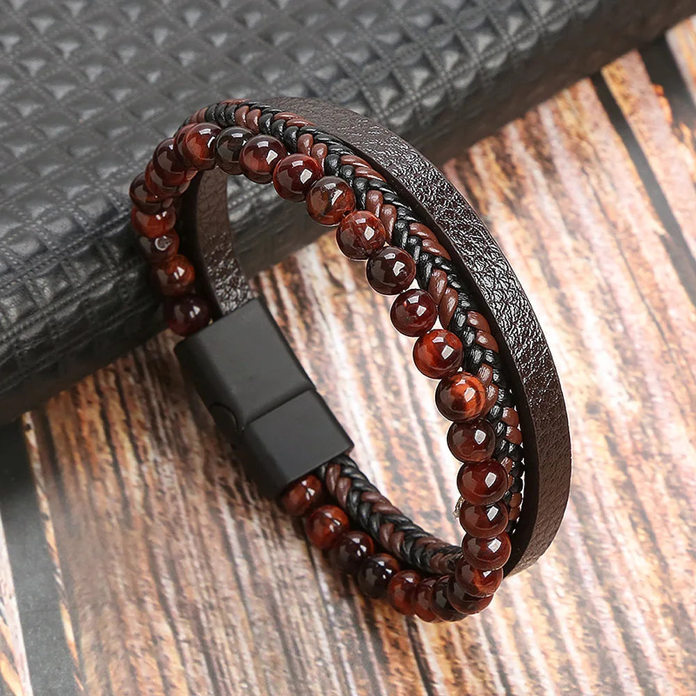 Classic 4-Layer Tiger Eye Stone Hand-Woven Leather Bracelets For Men Punk Fashion Alloy Magnetic Buckle Casual Bracelet Jewelry