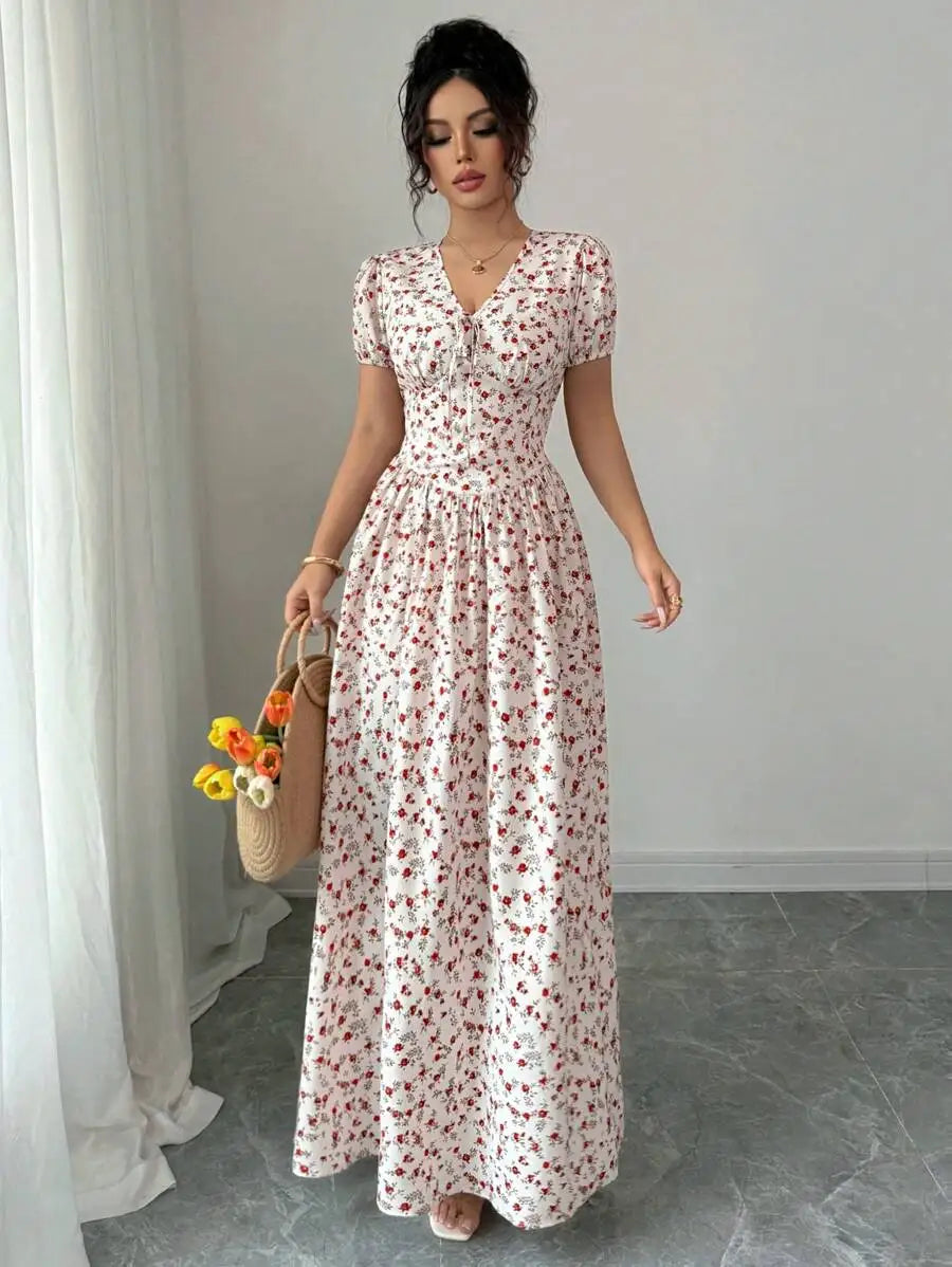 Elegant Women Summer Ditsy Floral Maxi Dress, Elastic Waist Puff Sleeve Beige Pastoral Long Dress, Casual Commute Music Festival