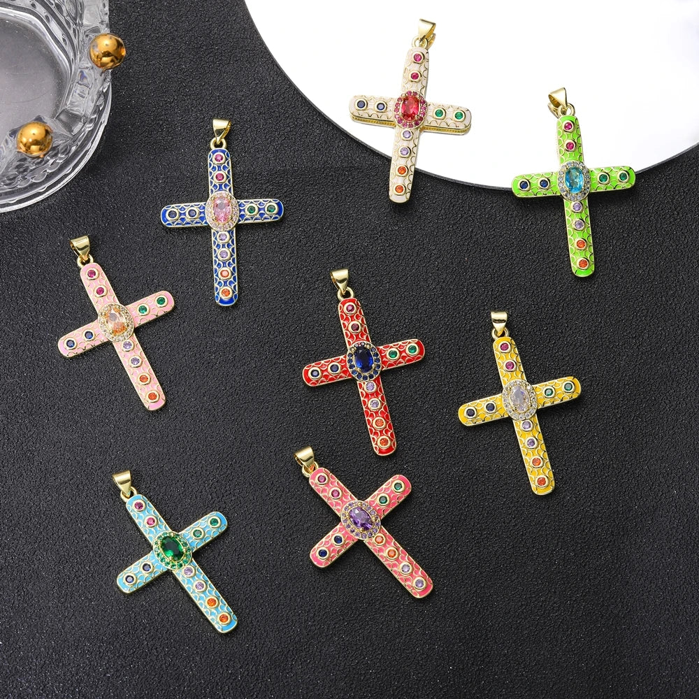 Juya 18K Real Gold Plated Handmade Decoration Cubic Zirconia Enamel Cross Pendant Necklace For Women Christian Jewelry Supplies
