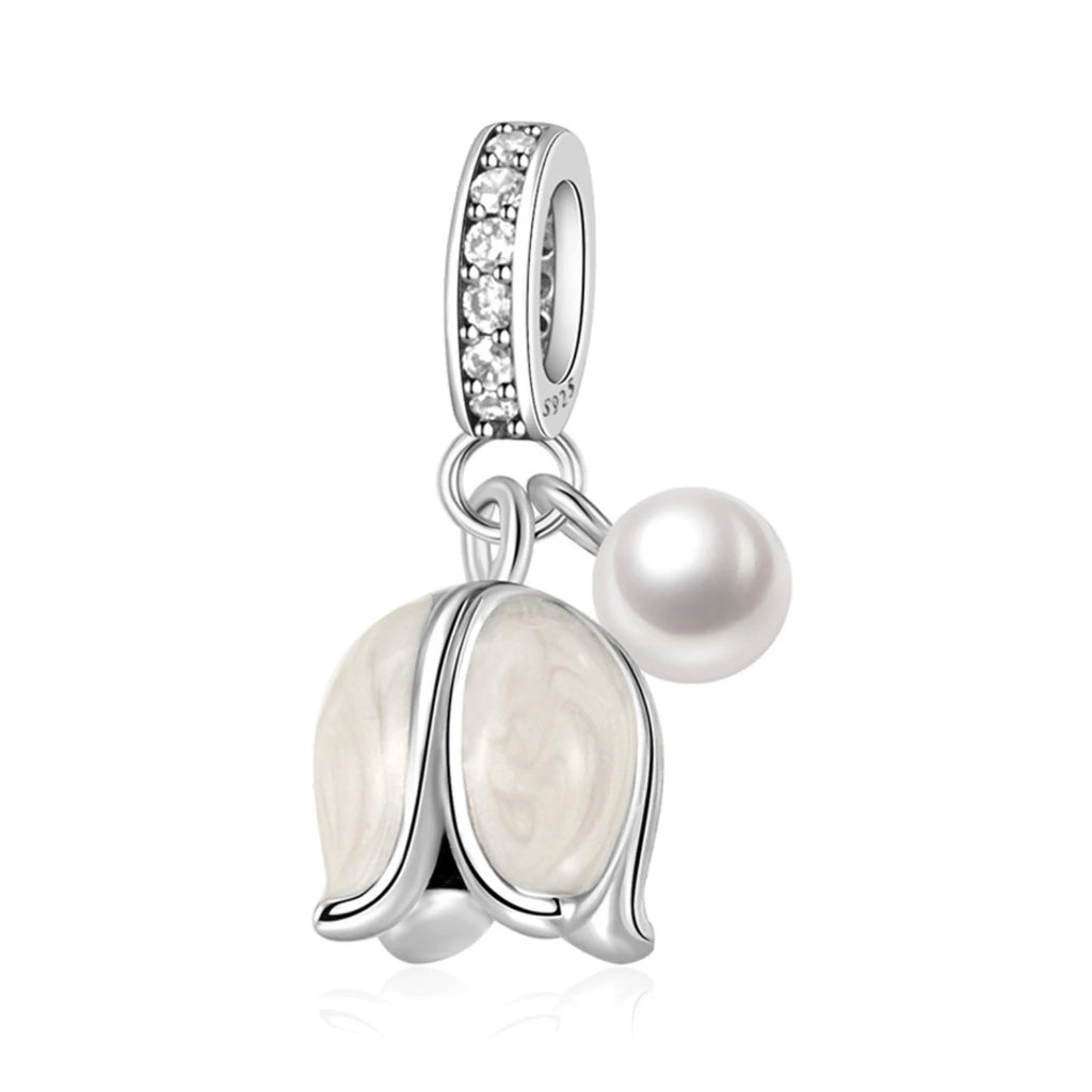 SilJew Original Silver Plated White Lily of the Valley with Pearl Dangle Charm Fit Bracelets & Necklaces Women Jewelry DIY Beads