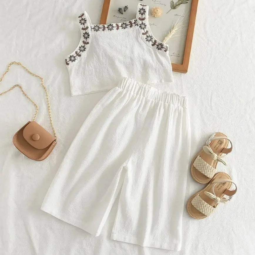 Baby Summer Clothes Children's Clothing Girl Fashion Sleeveless Embroidery Flower Tank Top+Straight Pants Toddler Casual Clothes
