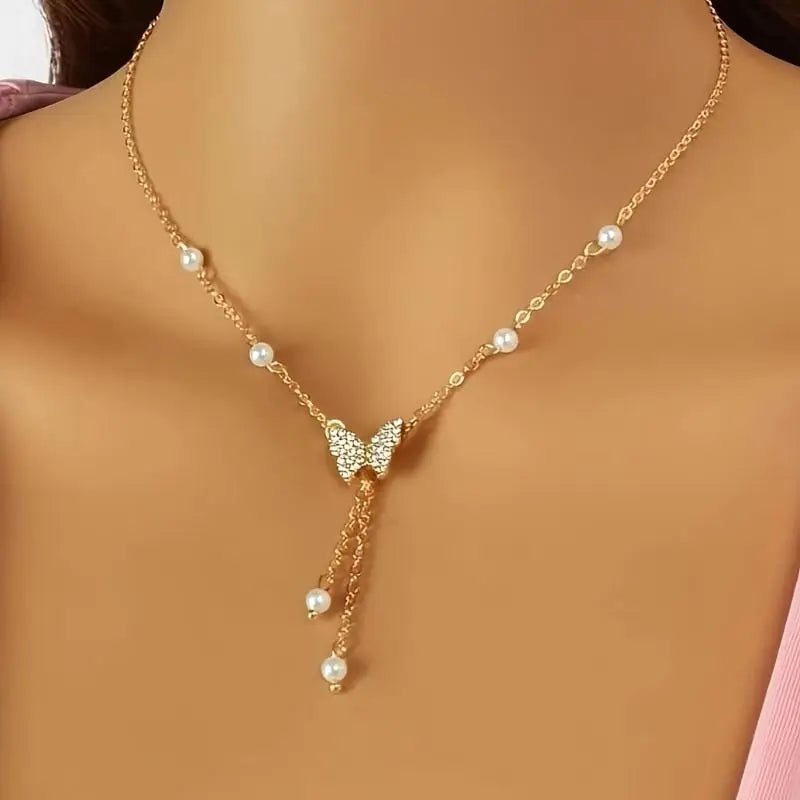 Shiny Pearl Butterfly Necklace Crystal Pendant Collar Chain Necklace Ladies Wedding Party Jewelry Gift