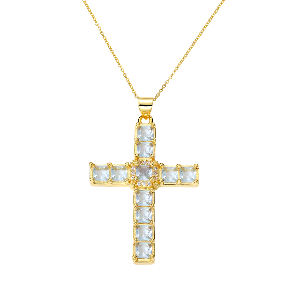 Juya 18K Real Gold Plated Handmade Decoration Cubic Zirconia Enamel Cross Pendant Necklace For Women Christian Jewelry Supplies